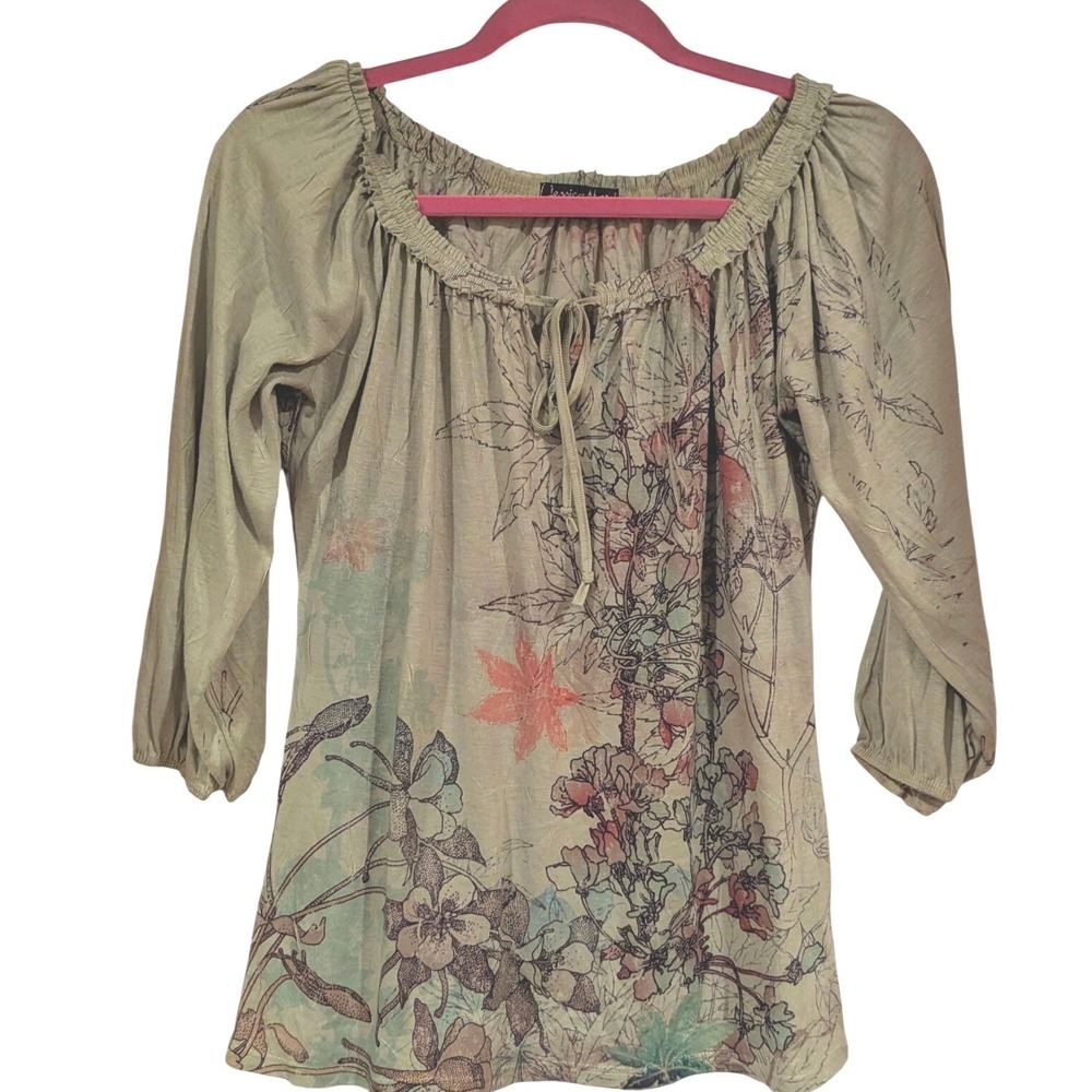Jessica Max Peasant Blouse Size M Green Floral Boho Cottagecore Fairycore Top
